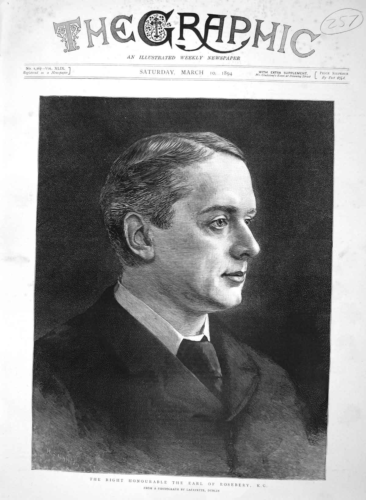 Original Old Antique Print 1894 Portrait Earl Rosebery Lafayette Dublin 19th