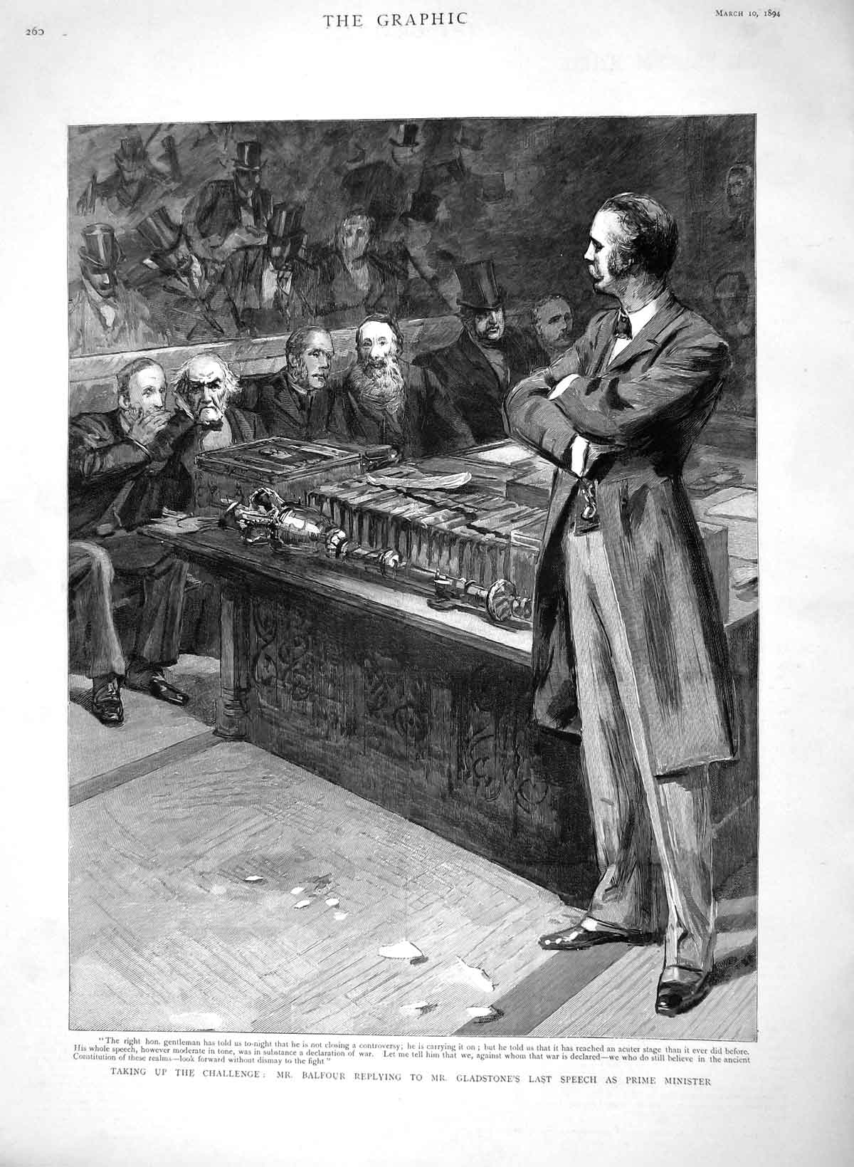 Old Antique Print 1894 Balfour Gladstone Speech Prime Minister Parliament 19th