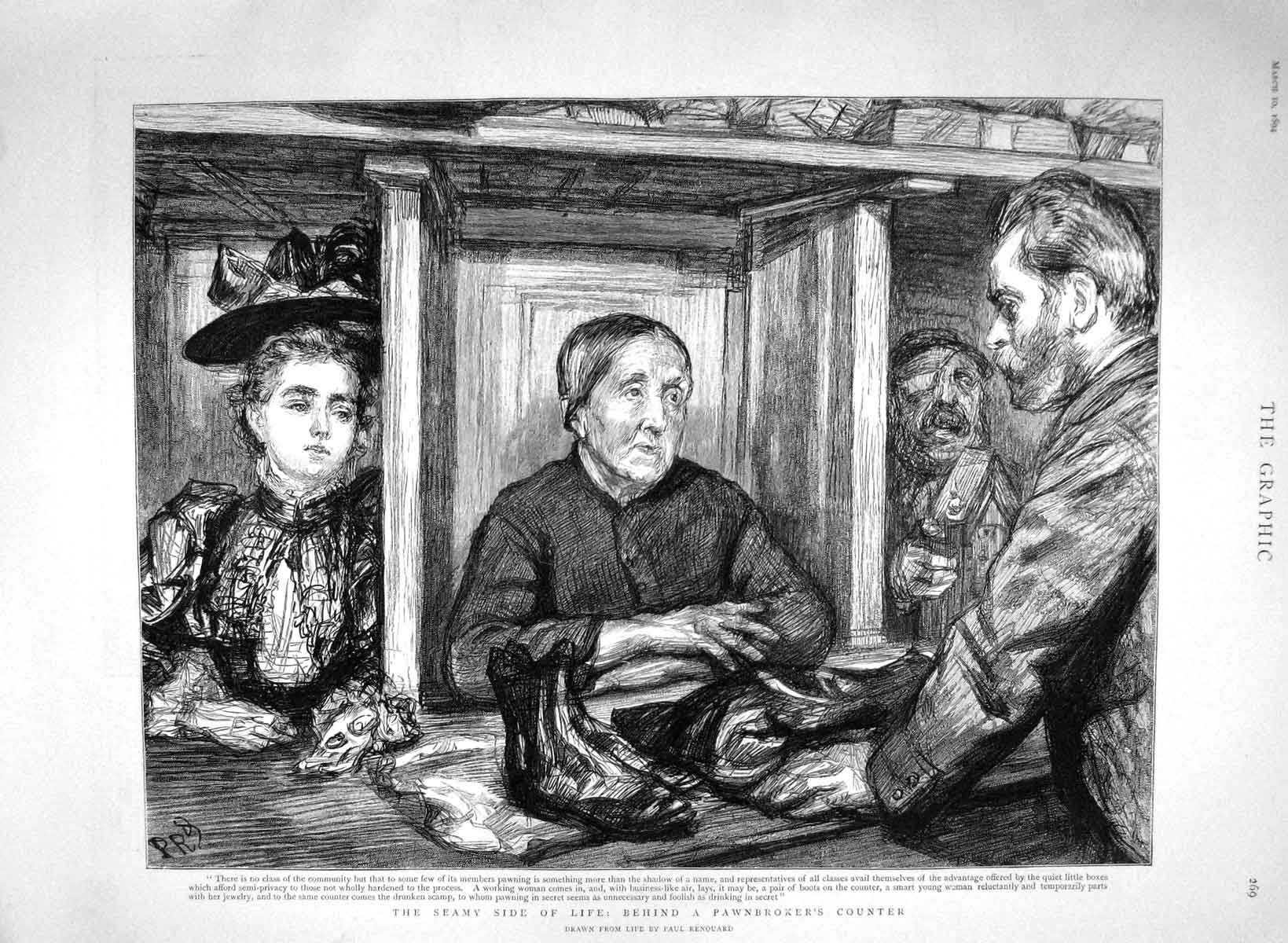 Original Old Antique Print 1894 Pawnbrokers Counter Shop Jewellery Victorian