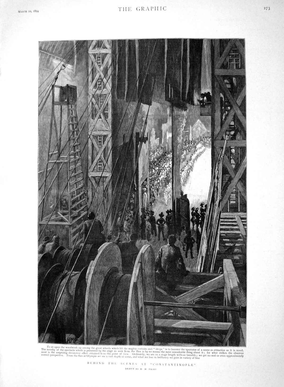 Old Antique Print 1894 Behind Scenes Constatinople Olympia Theatre Wheels 19th