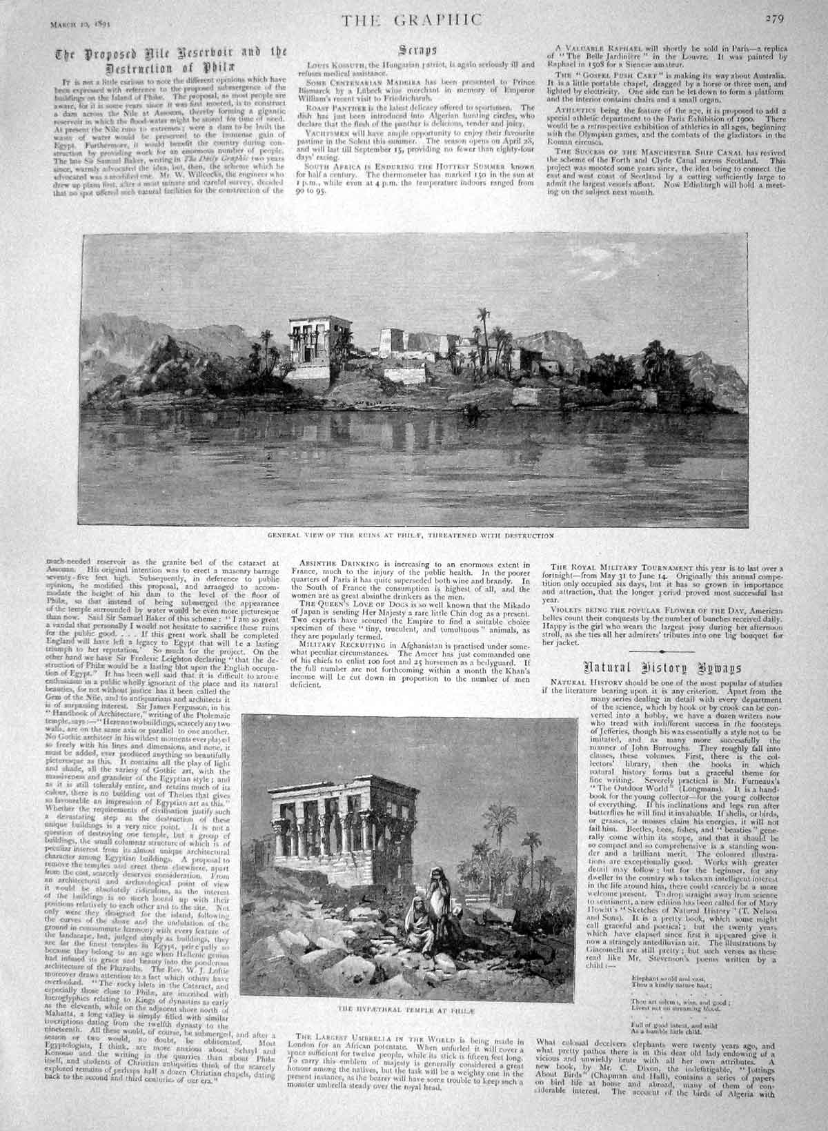 Original Old Antique Print 1894 Ruins Philae Hypaethral Temple Australia Gordon