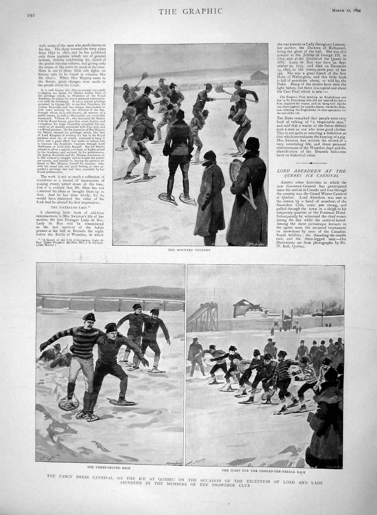 Old Antique Print 1894 Fancy Dress Ice Skate Quebec Canada Lord Aberdeen 19th