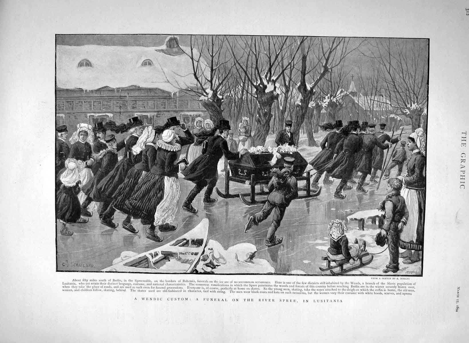 Original Old Antique Print 1894 Wendic Custom Funeral River Spree Lusitania
