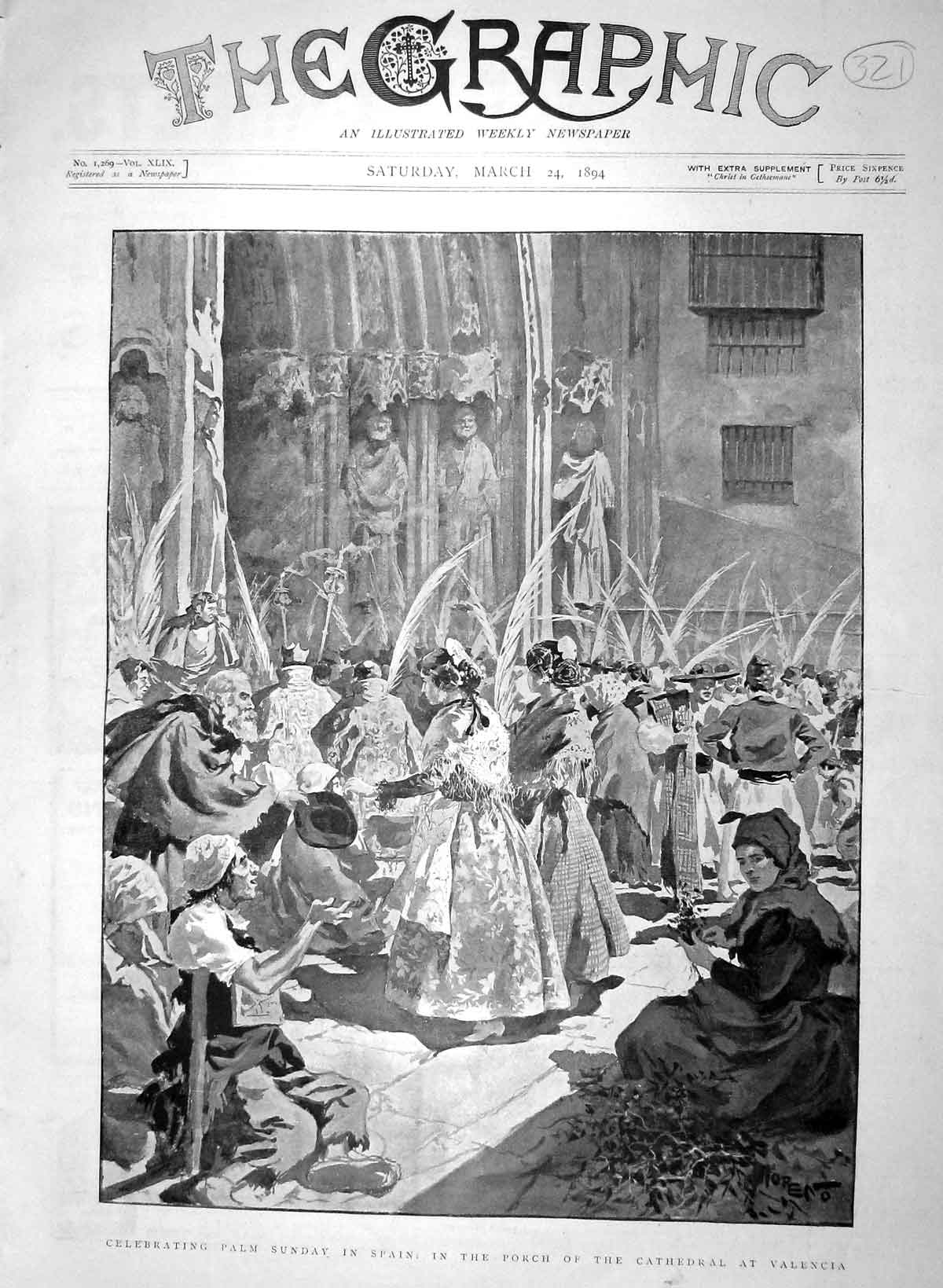 Original Old Antique Print 1894 Celebrating Palm Sunday Spain Cathedral V 19th