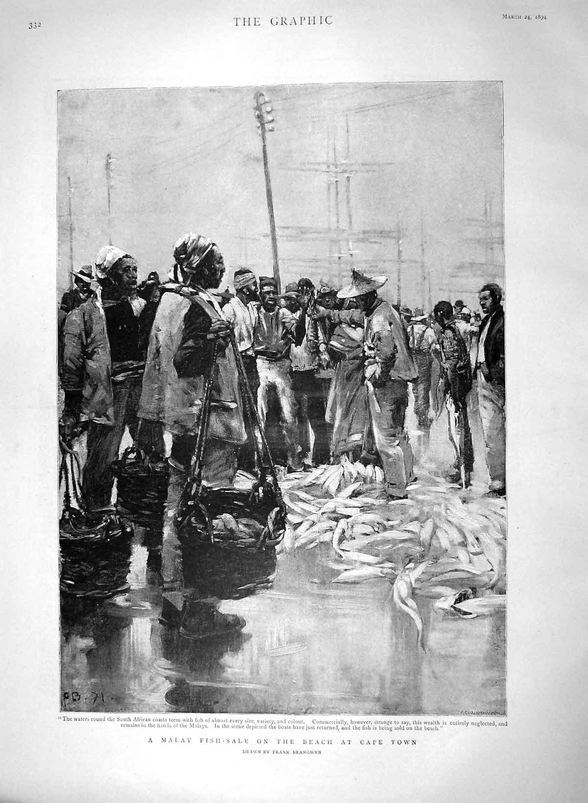 Old Antique Print 1894 Malay Fish Sale Cape Town Africa Market Brangwyn 19th