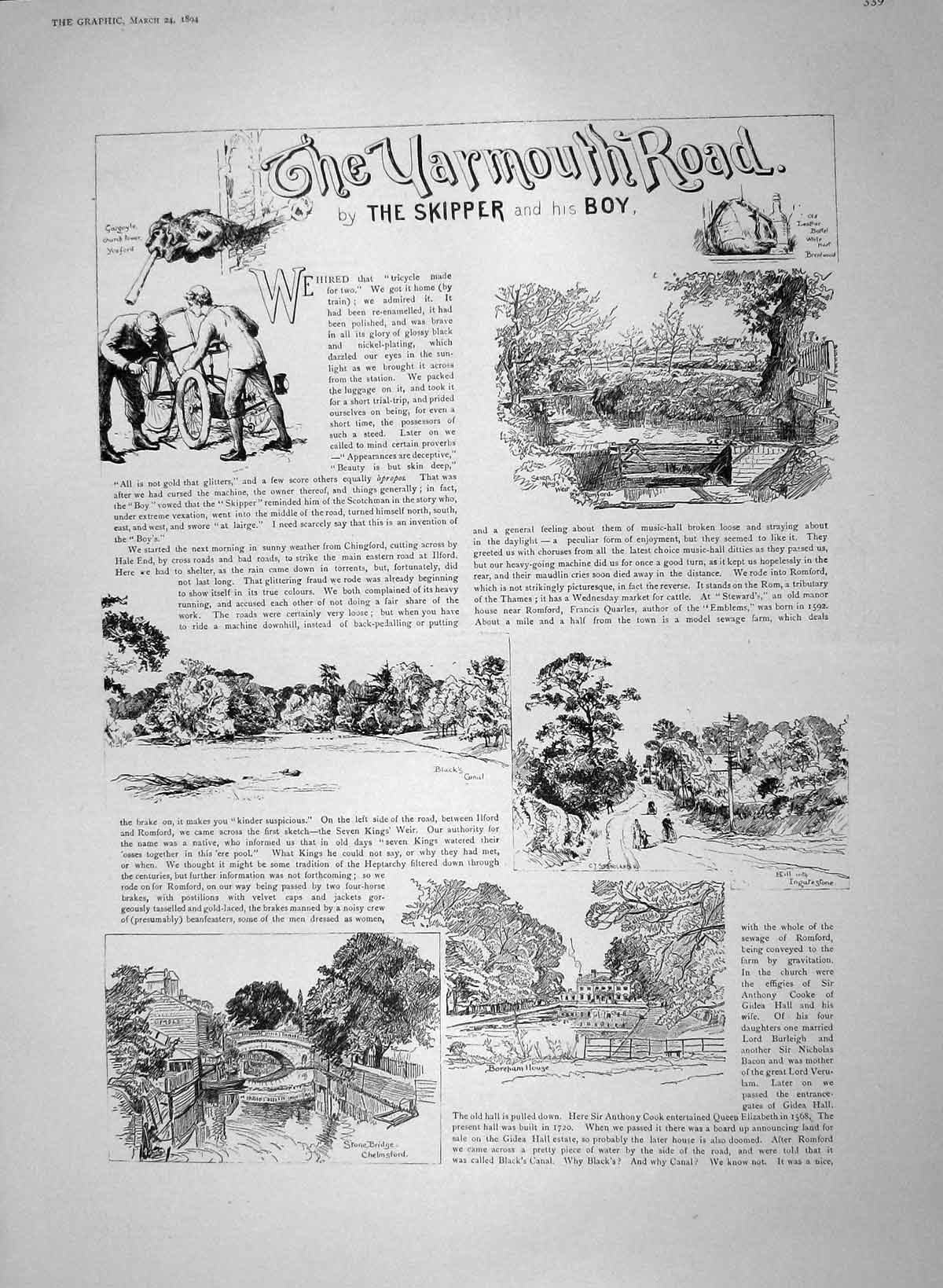 Original Old Antique Print 1894 Yarmouth Bridge Chelmsford Woodbridge Priory