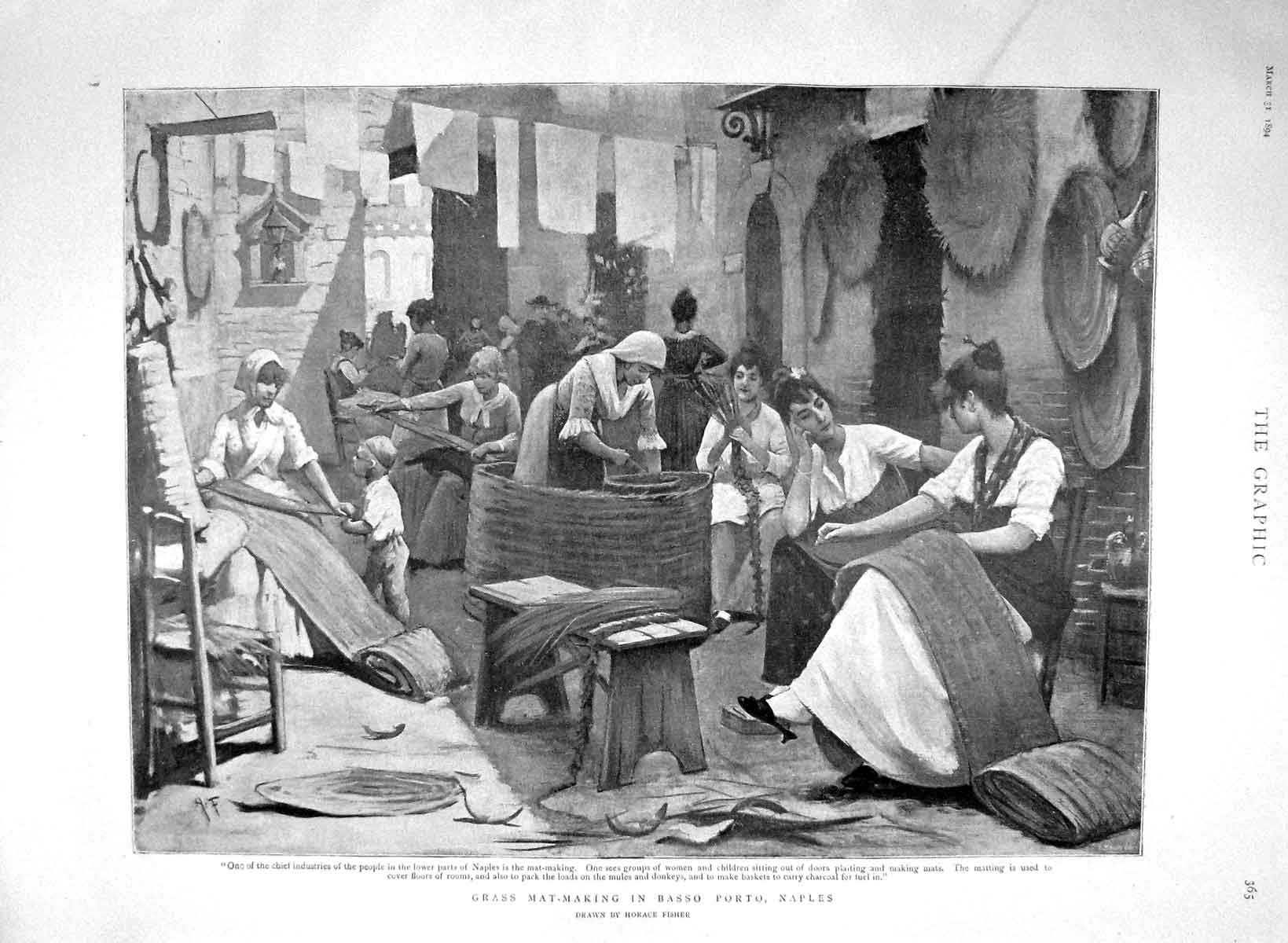 Original Old Antique Print 1894 Grass Mat-Making Basso Porto Naples Industry