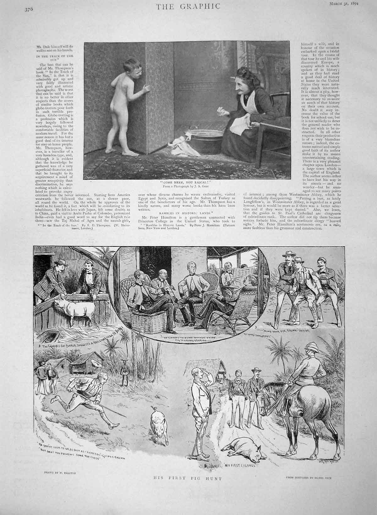 Original Old Antique Print 1894 Pig Hunting Sticking Horse Huntsmen Little Boy