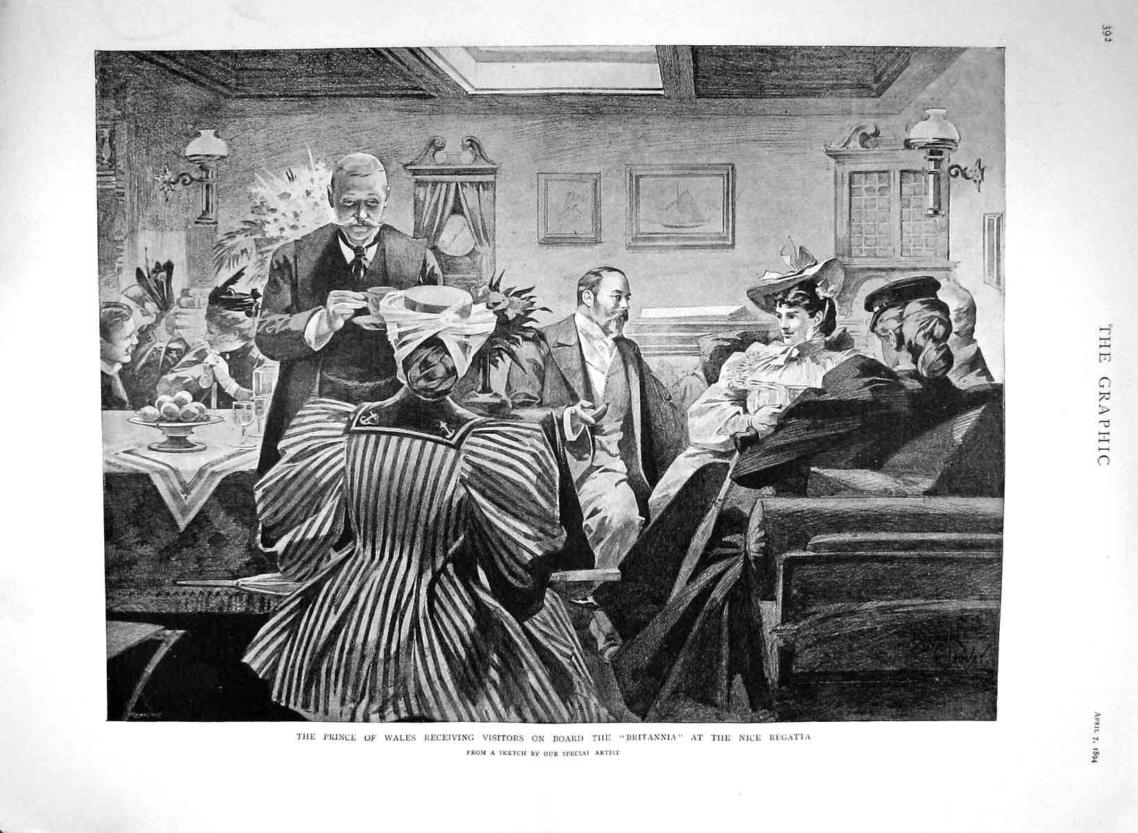 Old Antique Print 1894 Prince Wales Visitors Ship Britannia Nice Regatta 19th