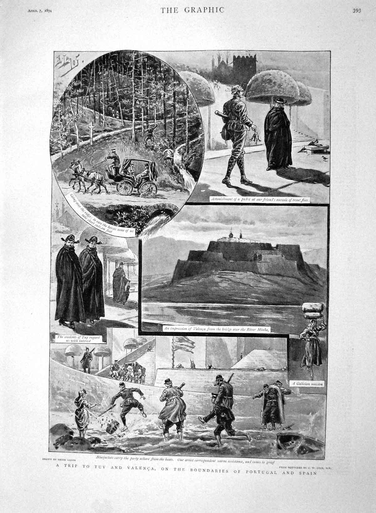 Original Old Antique Print 1894 Bluejackets Trip Tuy Valenca Portugal Spai 19th