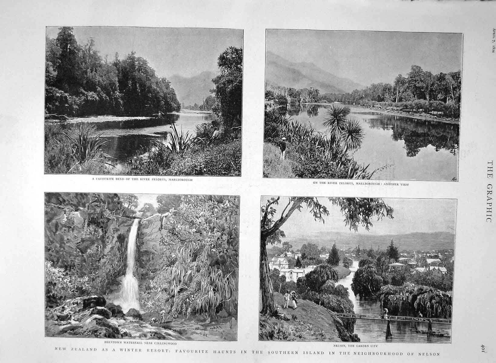 Original Old Antique Print 1894 New Zealand River Pelorus Nelson Ferntown Falls