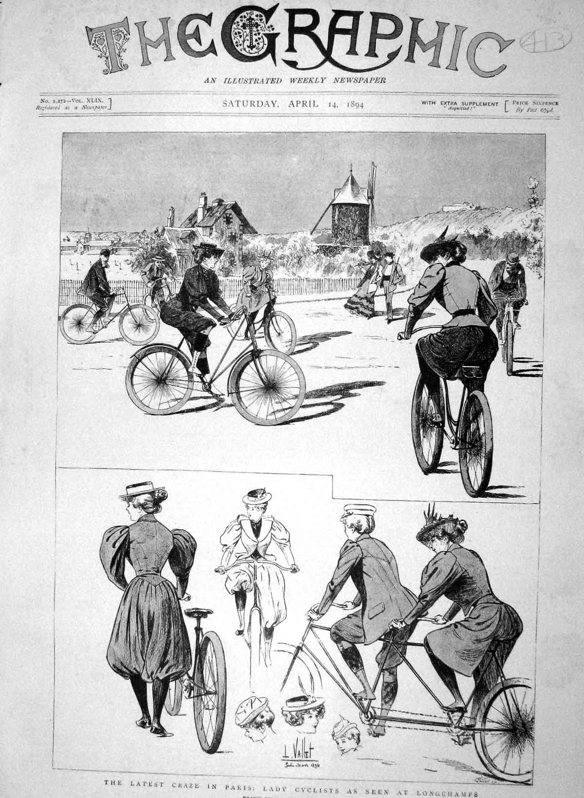 Original Old Antique Print 1894 Lady Cyclists Longchamps Paris 19th