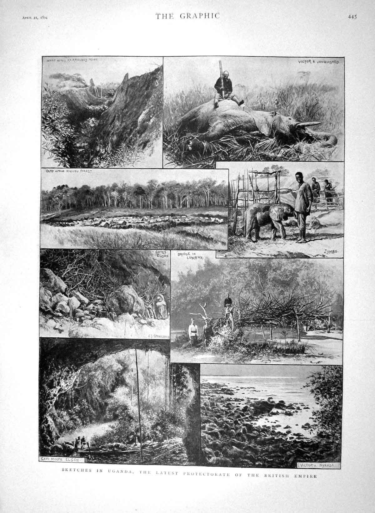 Original Old Antique Print 1894 Uganda Bridge Lumbwa Cave Elgon Nyanza Kinugu