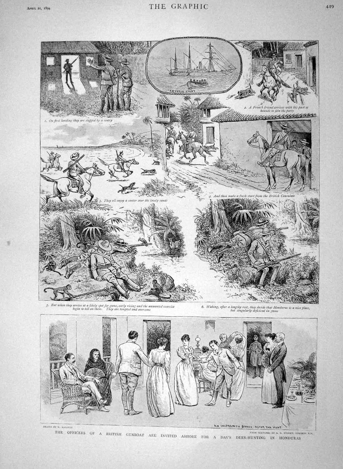 Original Old Antique Print 1894 Officers British Gunboat Deer Hunting Honduras