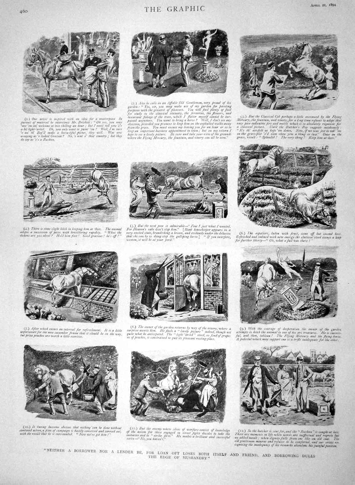 Original Old Antique Print 1894 Runnaway Horse Garden Greenhouse Comedy Scene