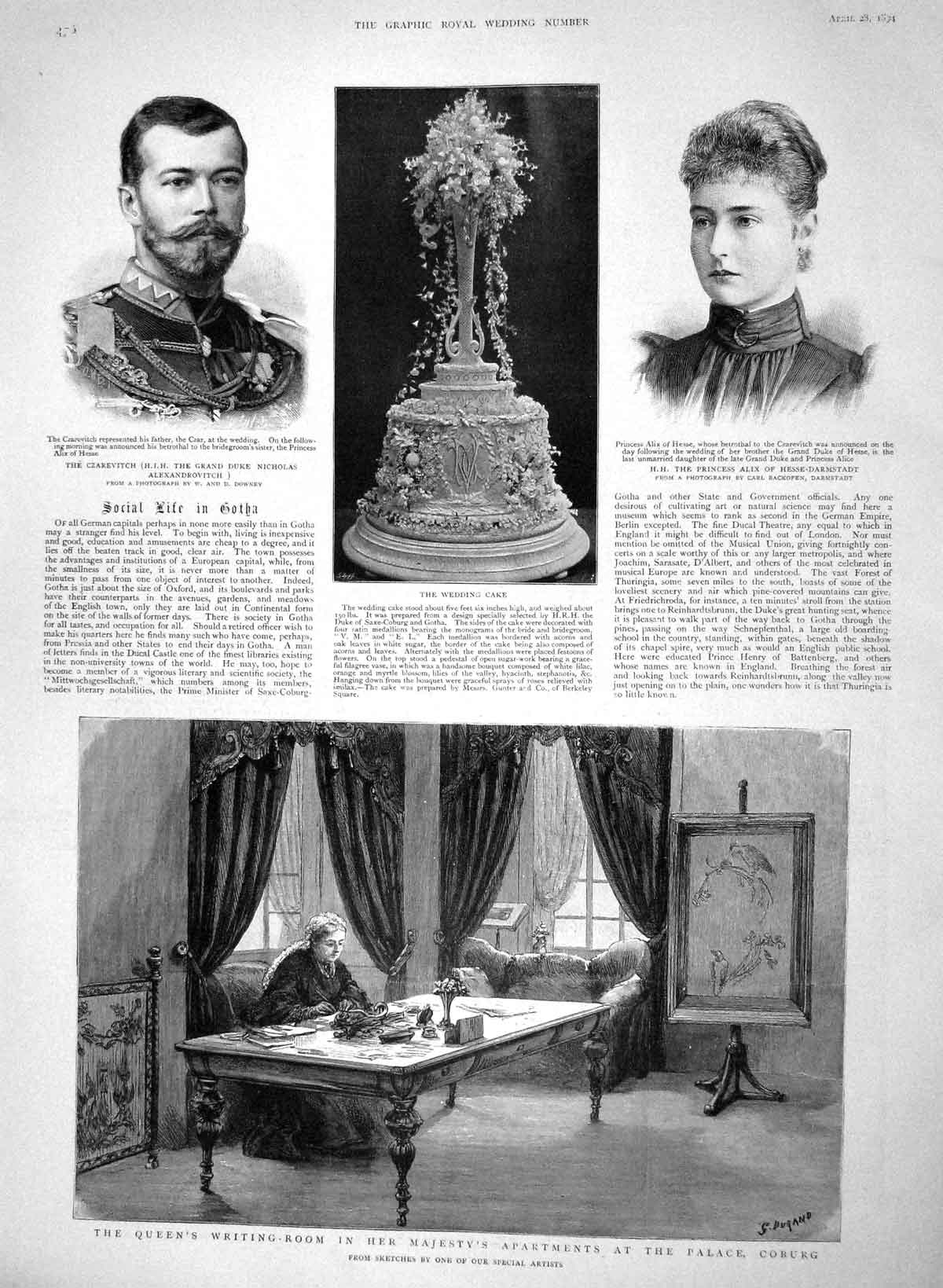 Original Old Antique Print 1894 Queen Writing Palace Coburg Duke Nicholas Alix