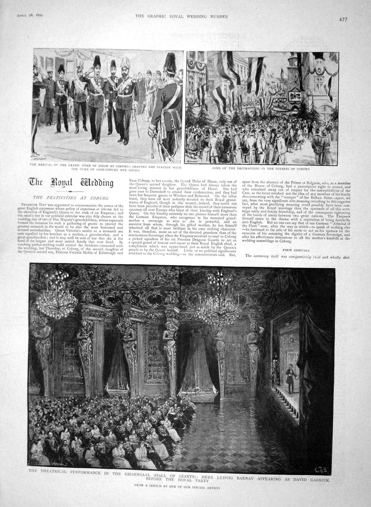 Original Old Antique Print 1894 Royal Wedding Coburg Herr Barnay Kranichstein