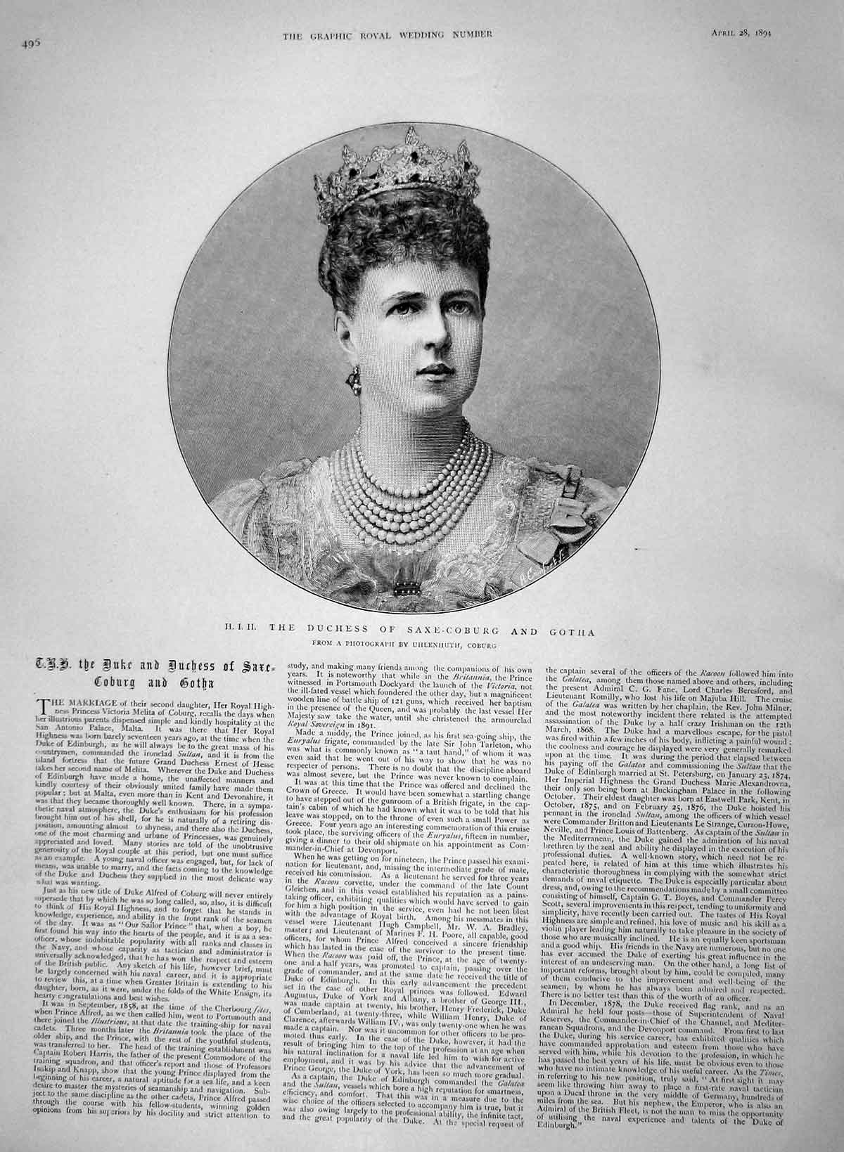 Original Old Antique Print 1894 Duke Duchess Saxe-Coburg Gotha Portrait 19th