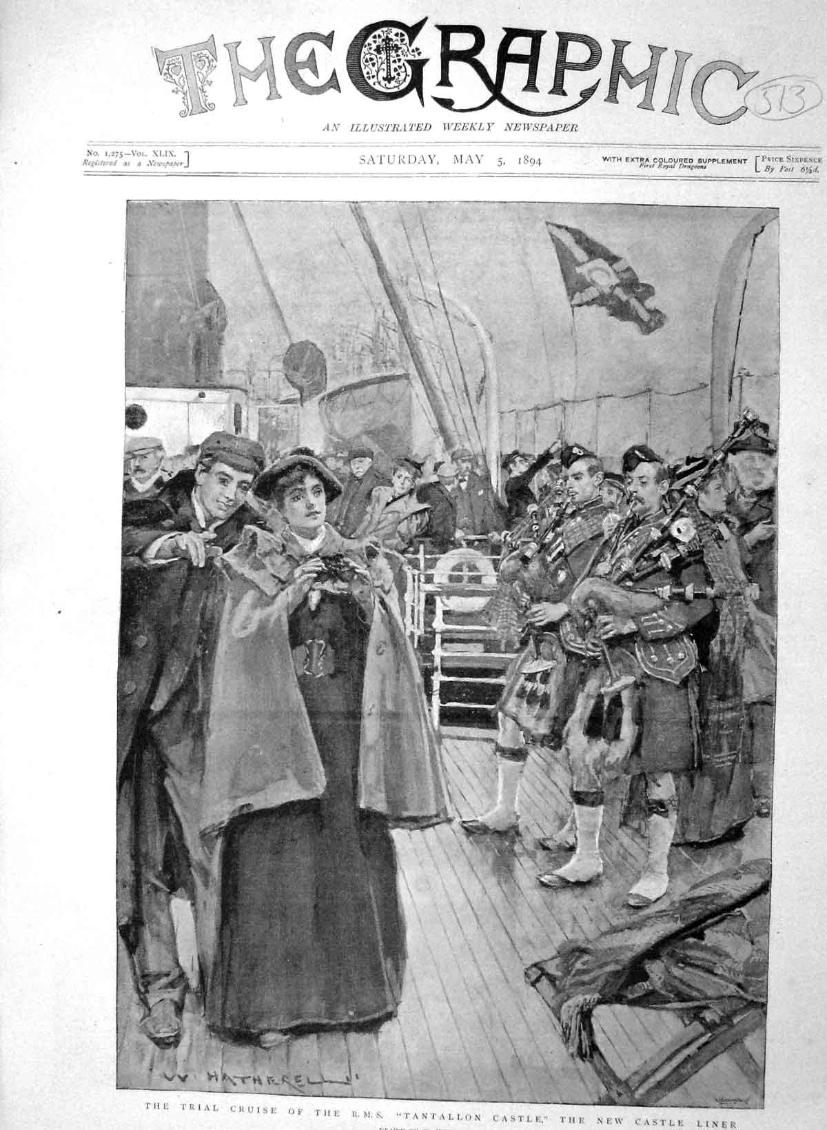 Original Old Antique Print 1894 Trial Cruise R.M.S. Ship Tantallon Castle Liner