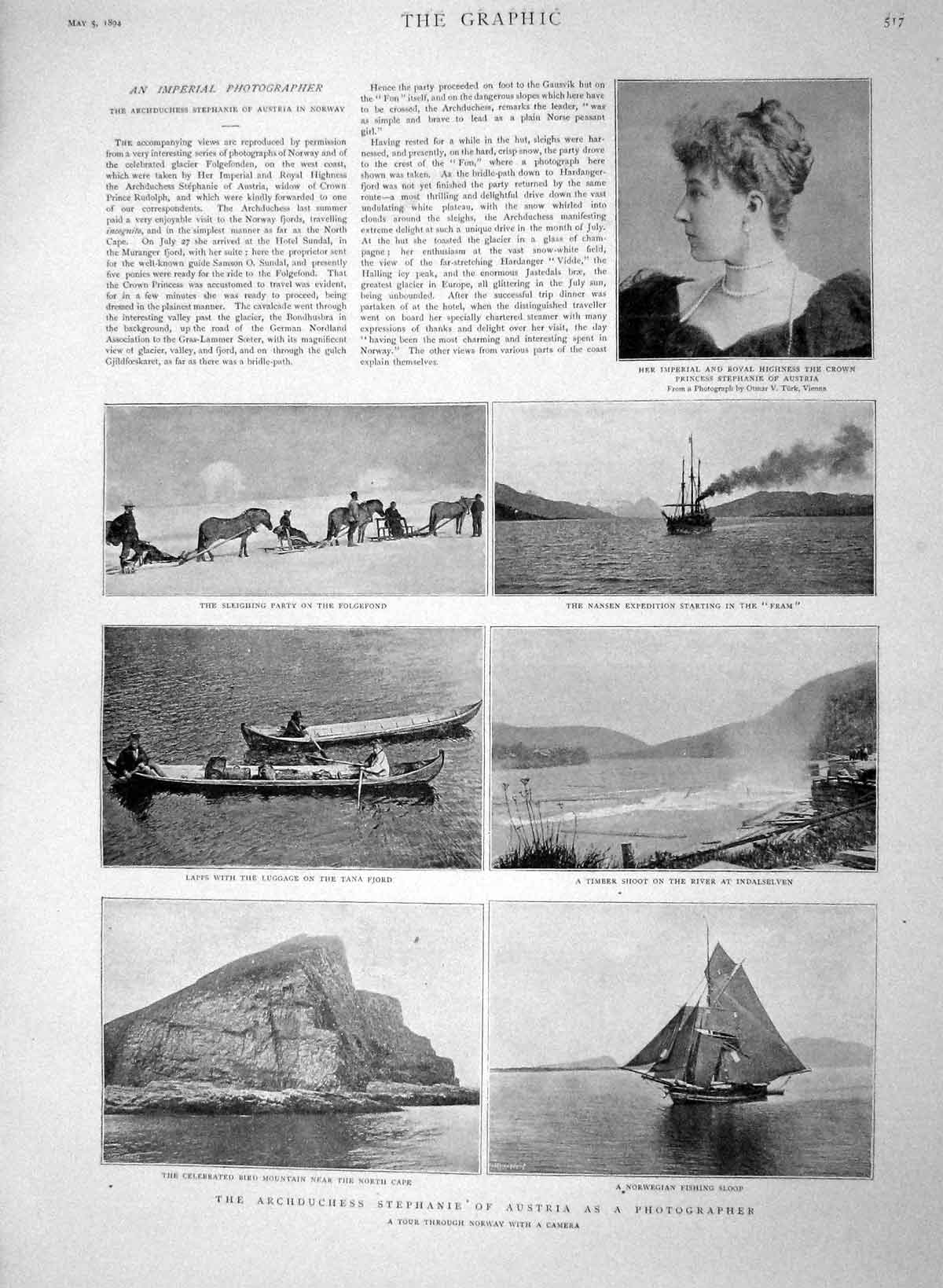 Original Old Antique Print 1894 Princess Stephanie Austria Ship Fram Lapps Tana