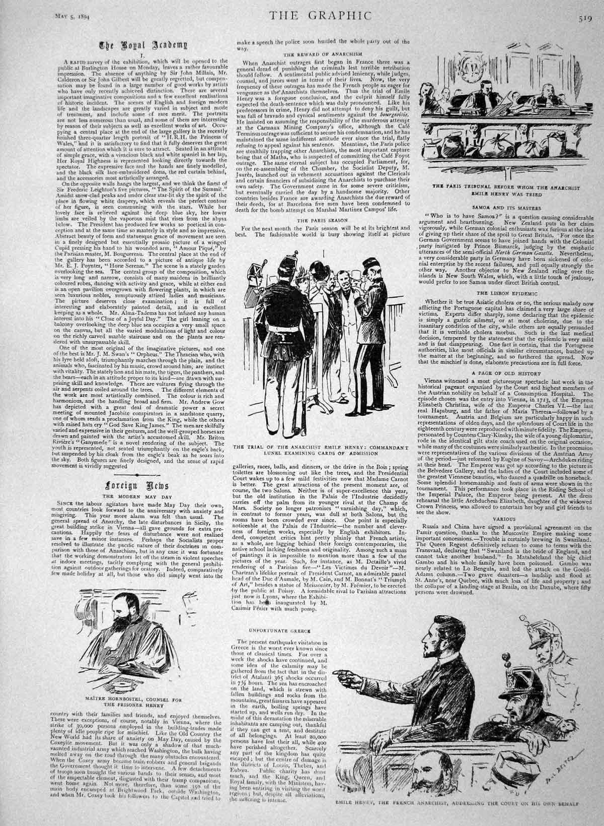 Old Antique Print 1894 Court Trial Anarchist Emile Henry Hornbostel Paris 19th