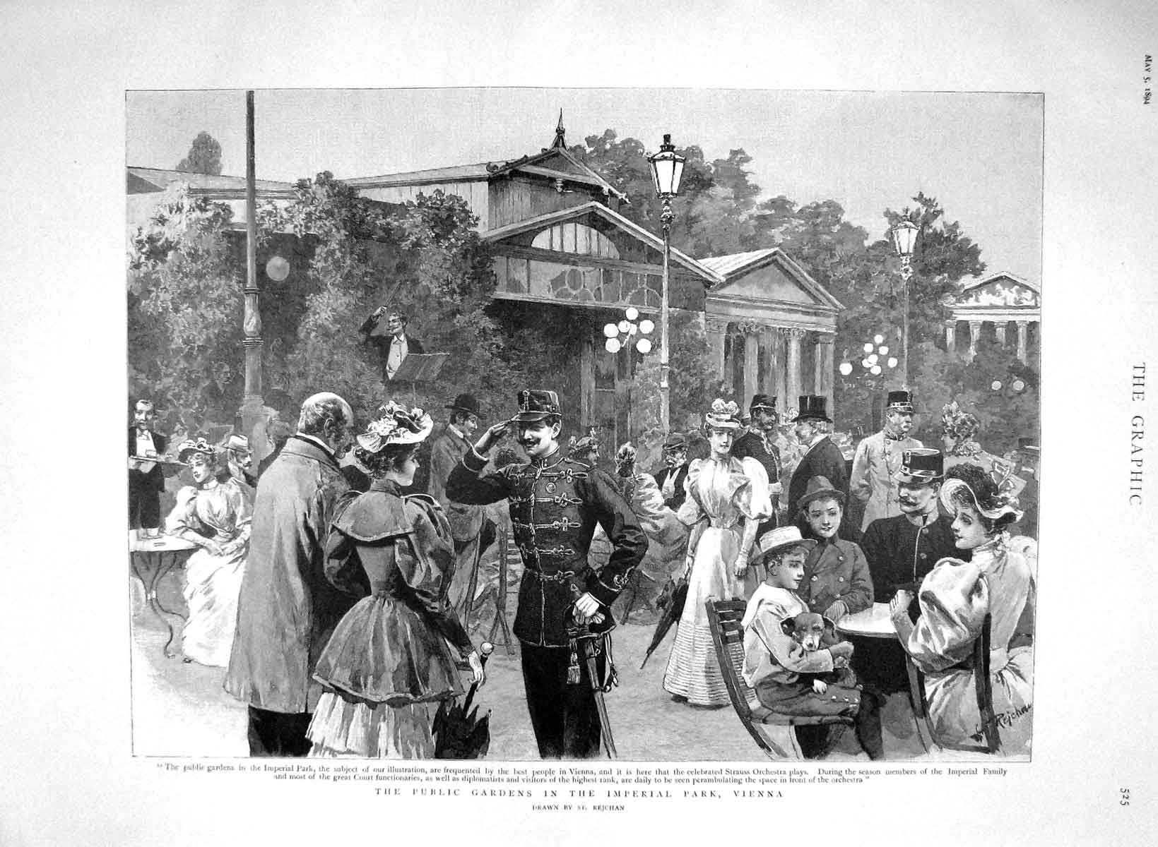 Original Old Antique Print 1894 Public Gardens Imperial Park Vienna Orchestra