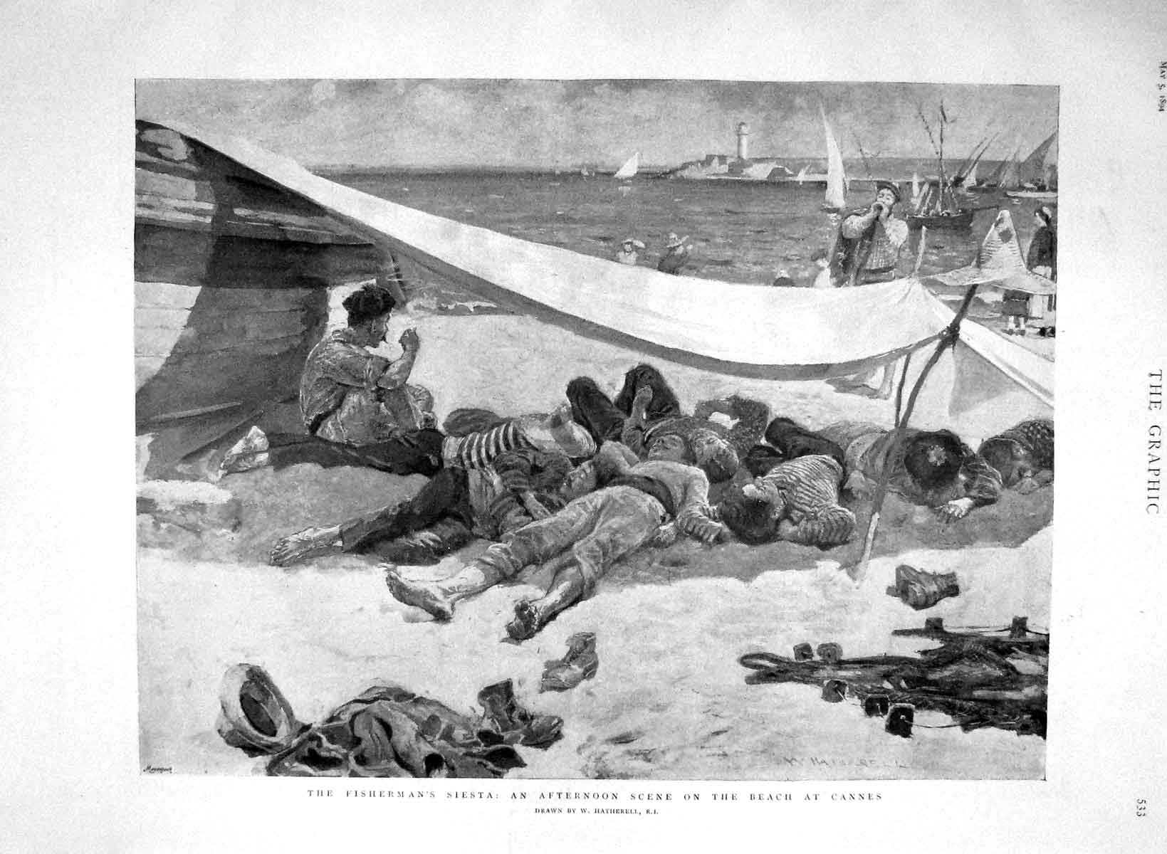 Original Old Antique Print 1894 Fishermen Siesta Sleeping Beach Cannes France