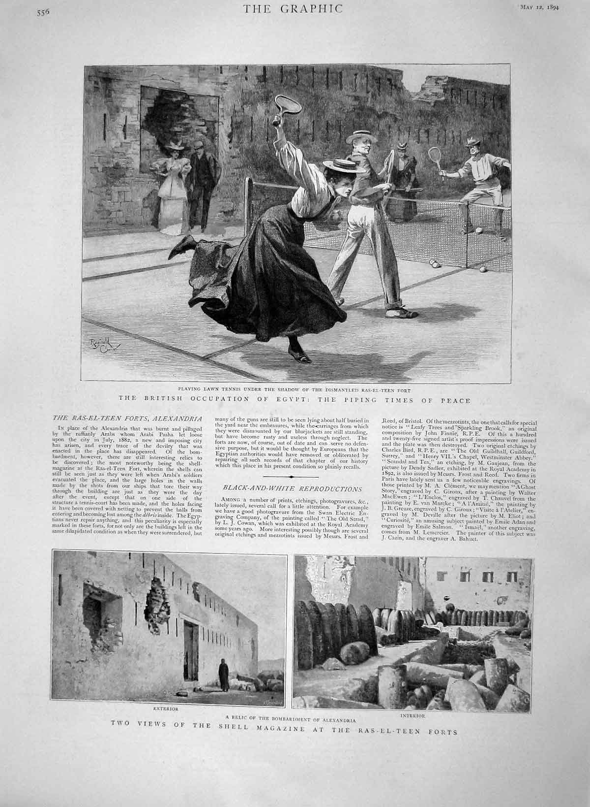 Old Antique Print 1894 Shell Magazine Ras-El-Teen Forts Egypt Tennis War 19th