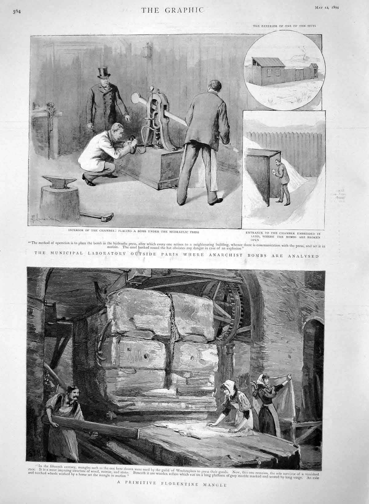 Old Antique Print 1894 Florentine Mangle Laboratory Aris Anarchist Bomb 19th