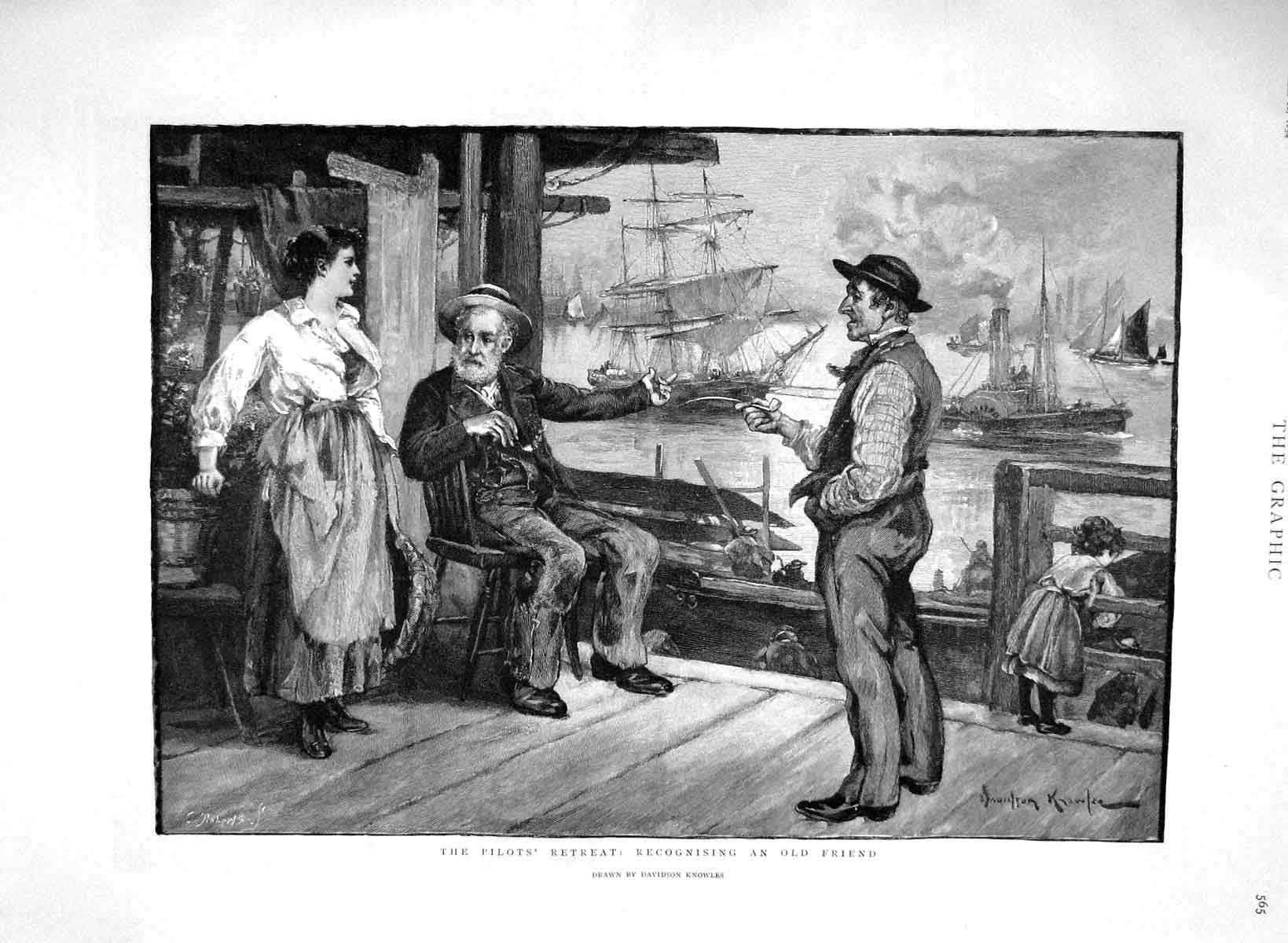 Original Old Antique Print 1894 Man Lady Little Girl Ships Steamer Knowles 19th