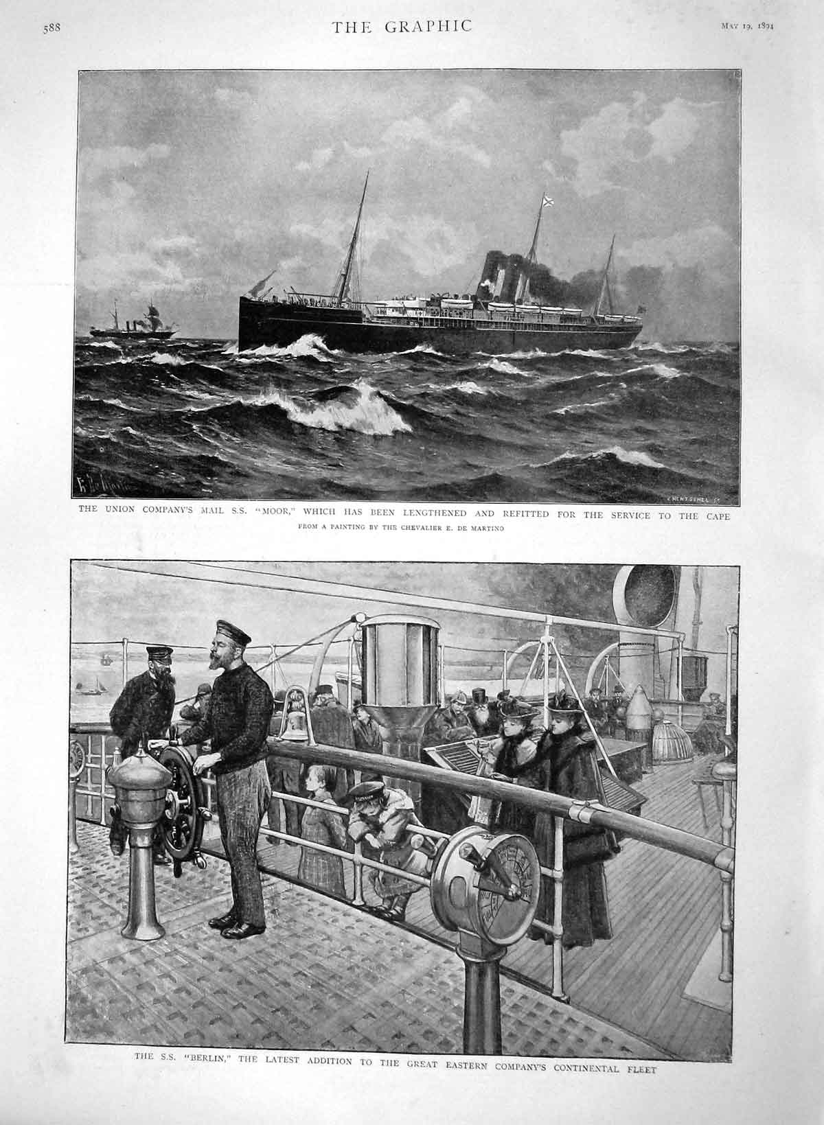 Original Old Antique Print 1894 Ship Berlin Mail Moor Whitehead Shooting Trophy