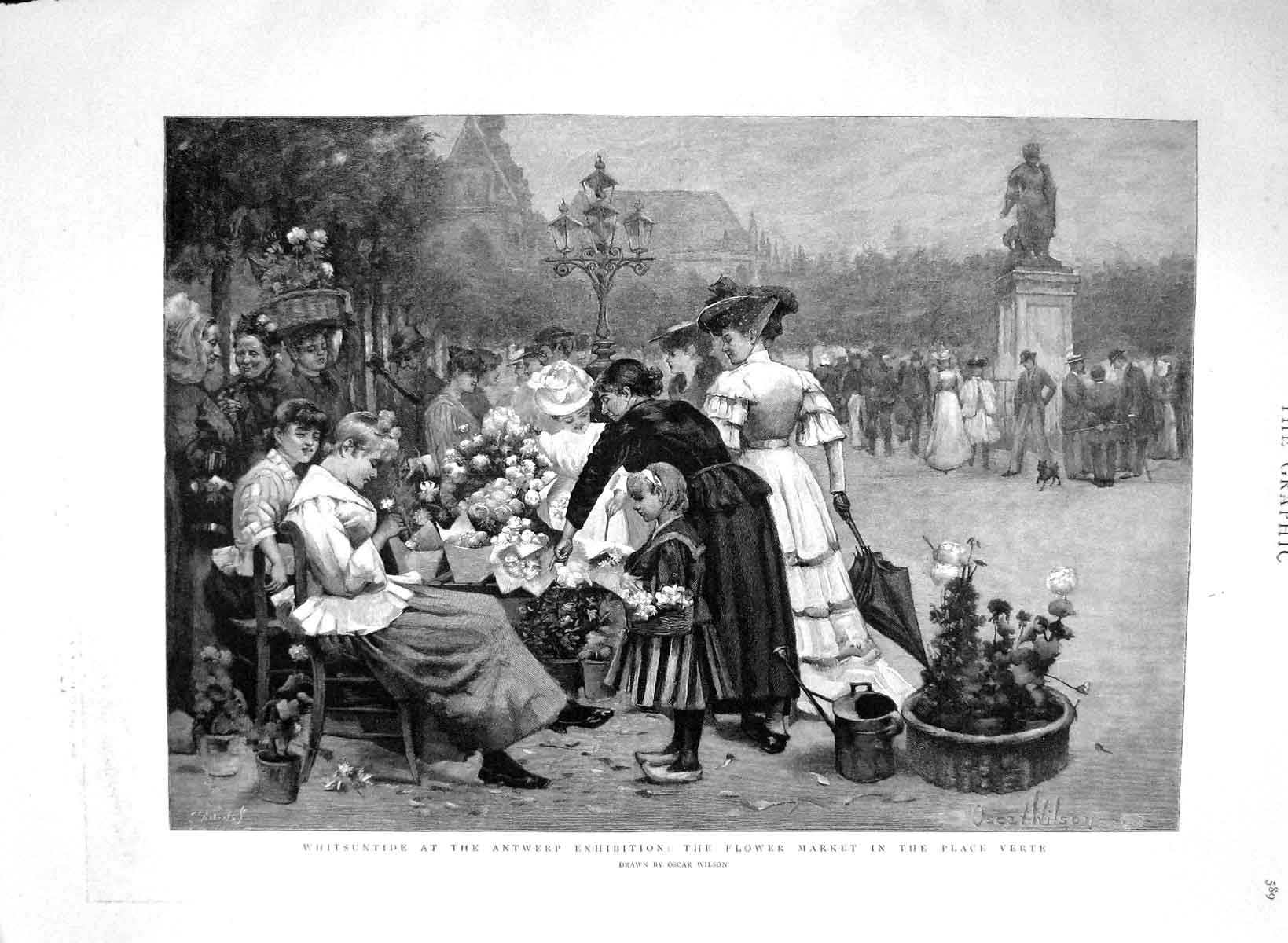 Original Old Antique Print 1894 Whitsuntide Antwerp Flower Market Place Verte