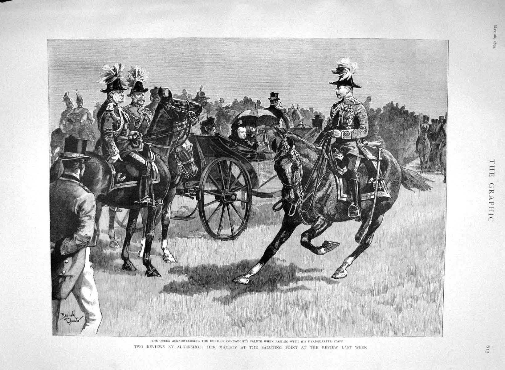 Original Old Antique Print 1894 Review Aldershot Queen Connaught Prince Consort