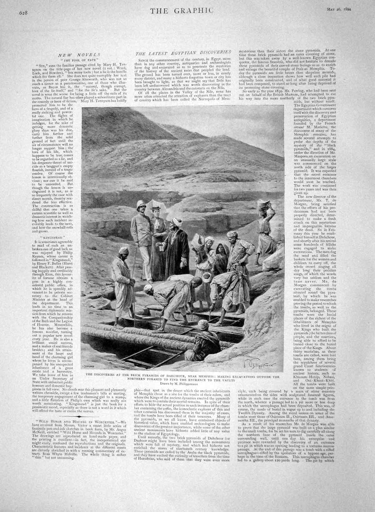 Old Antique Print 1894 Brick Pyramids Dahchour Memphis Archaeology Jewels 19th