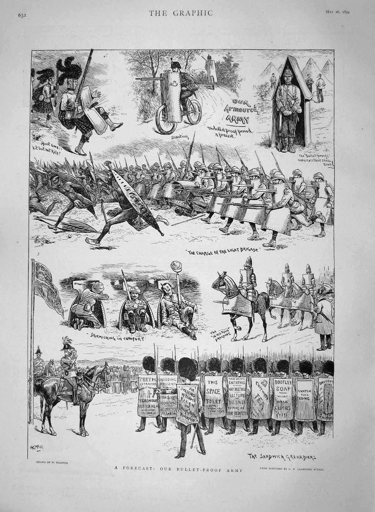 Original Old Antique Print 1894 Bullet-ProArmy Light Brigade Armour Siers 19th