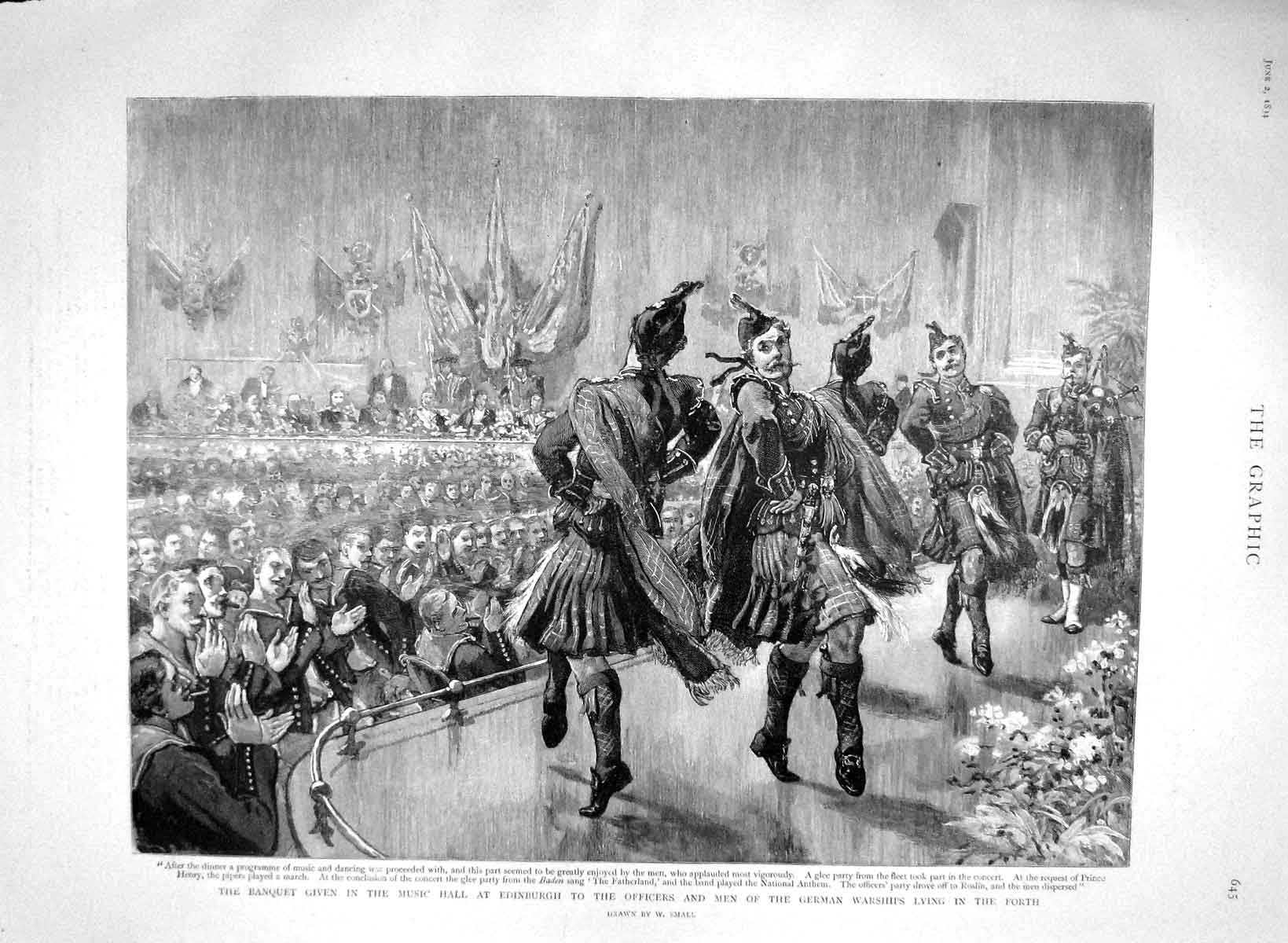 Original Old Antique Print 1894 Music Hall Edinburgh Pipers Highland Dancin 19th