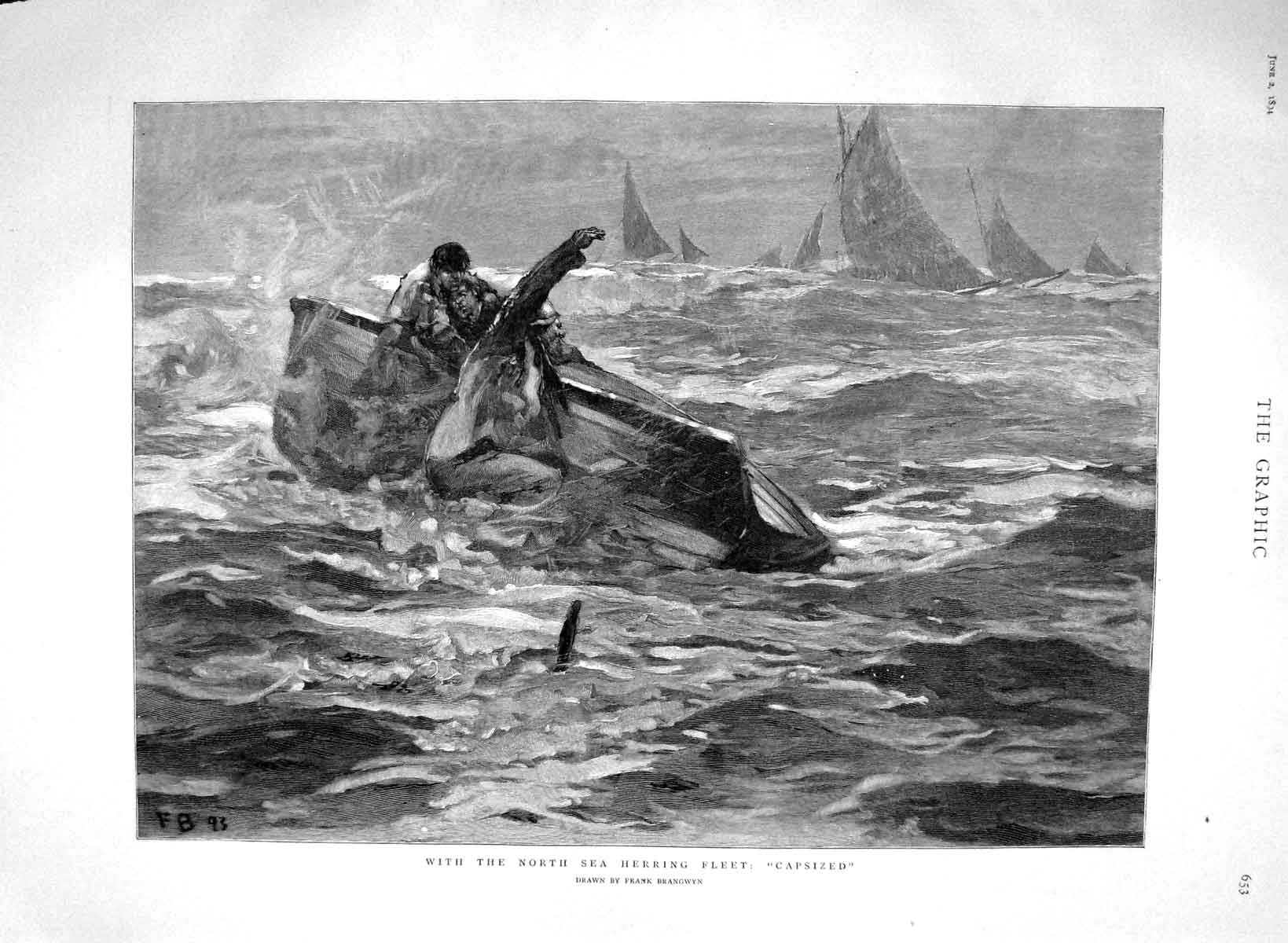 Old Antique Print 1894 North Sea Herring Fishing Boat Capsized Brangwyn 19th