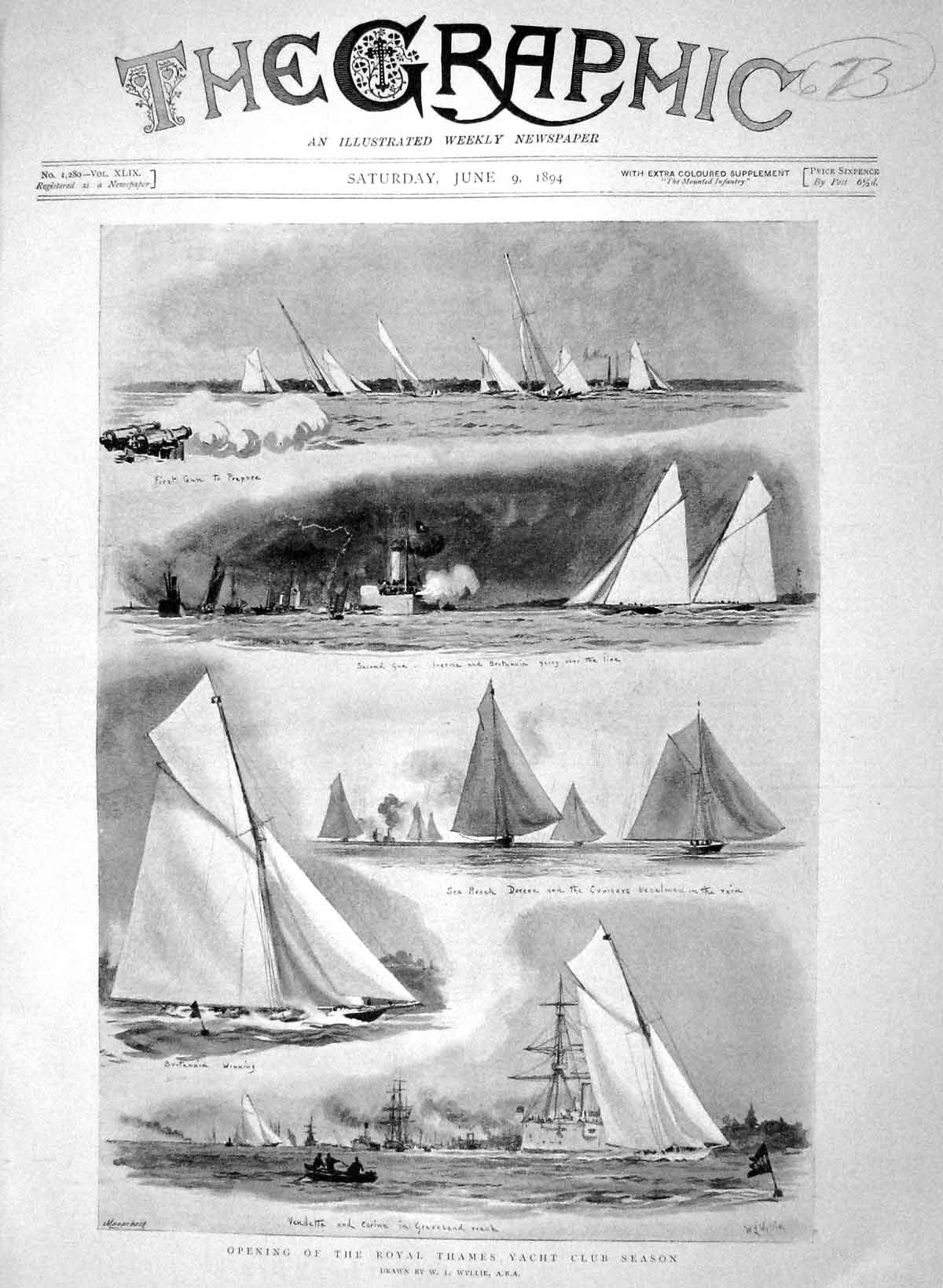 Original Old Antique Print 1894 Royal Thames Yacht Club Gravesend Vendette 19th
