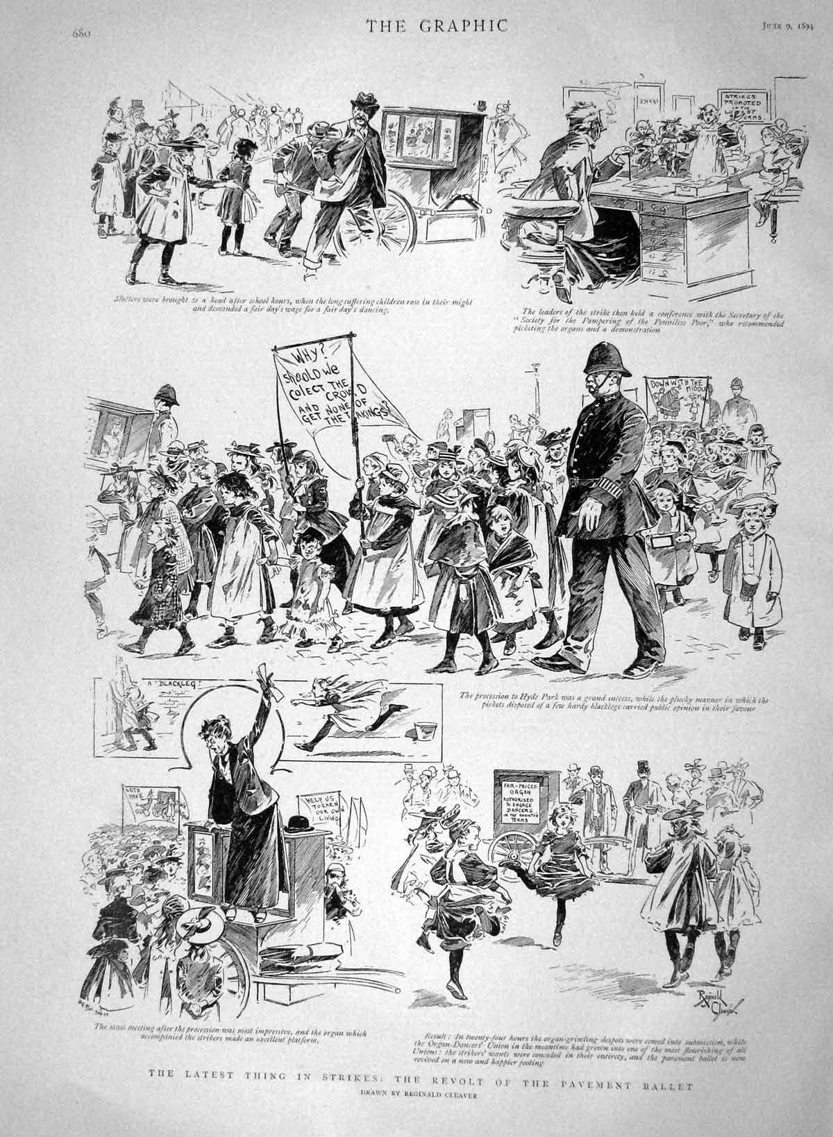 Original Old Antique Print 1894 Street Scene Pavement Ballet Strikes Policeman