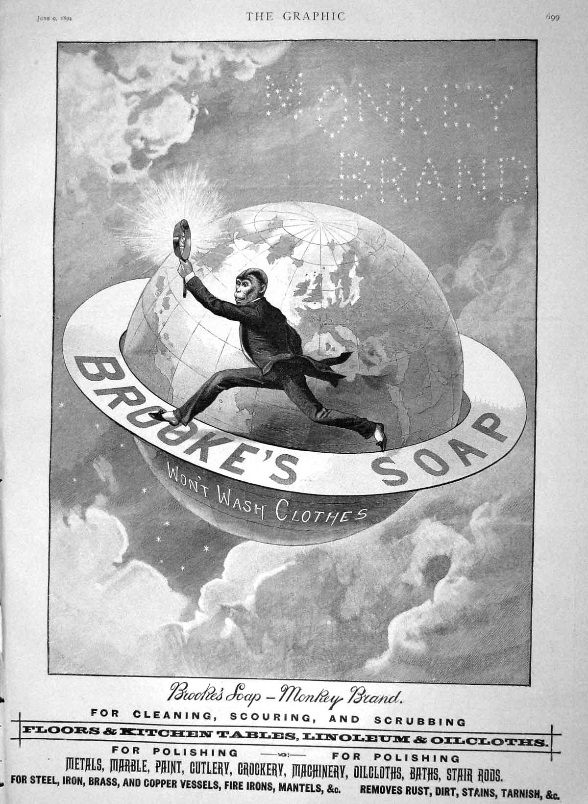 Old Antique Print 1894 Advertisement Brooke'S Monkey Brand Soap Washing 19th