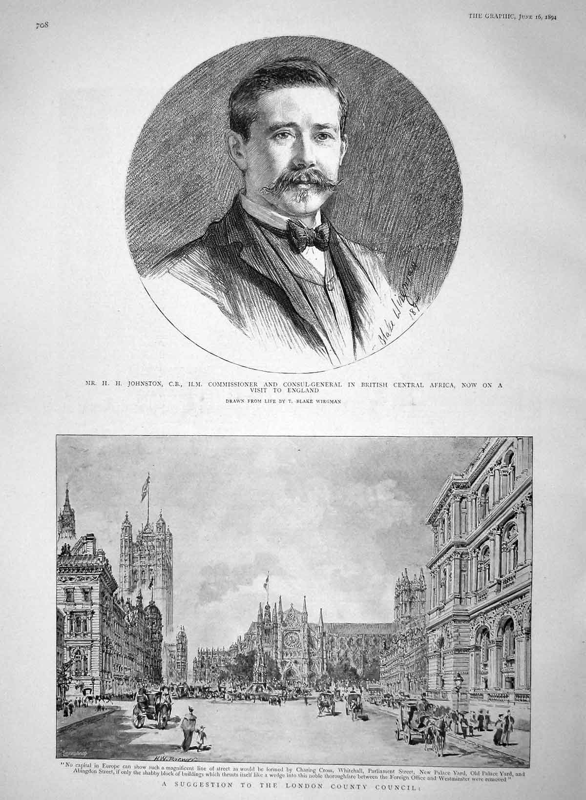 Old Antique Print 1894 Johnston Africa Commissioner Street Scene London 19th