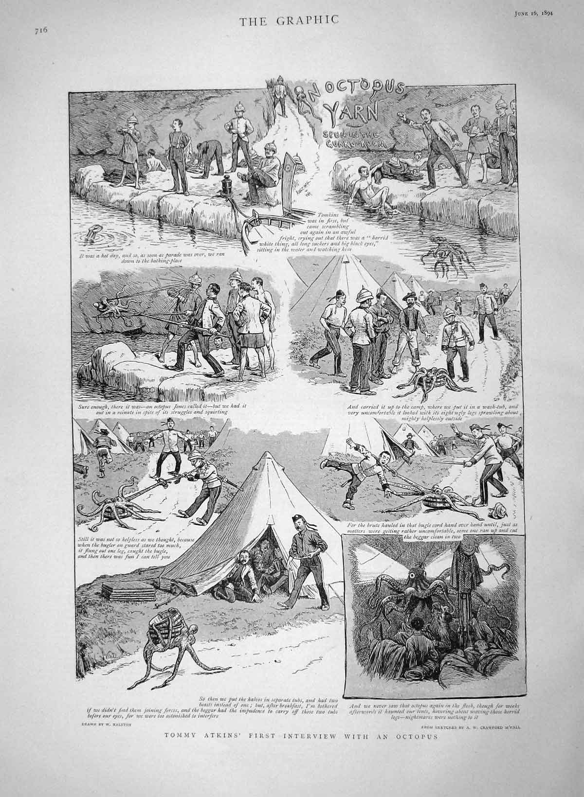 Original Old Antique Print 1894 Tommy Atkins Siers Camp Octopus River Victorian