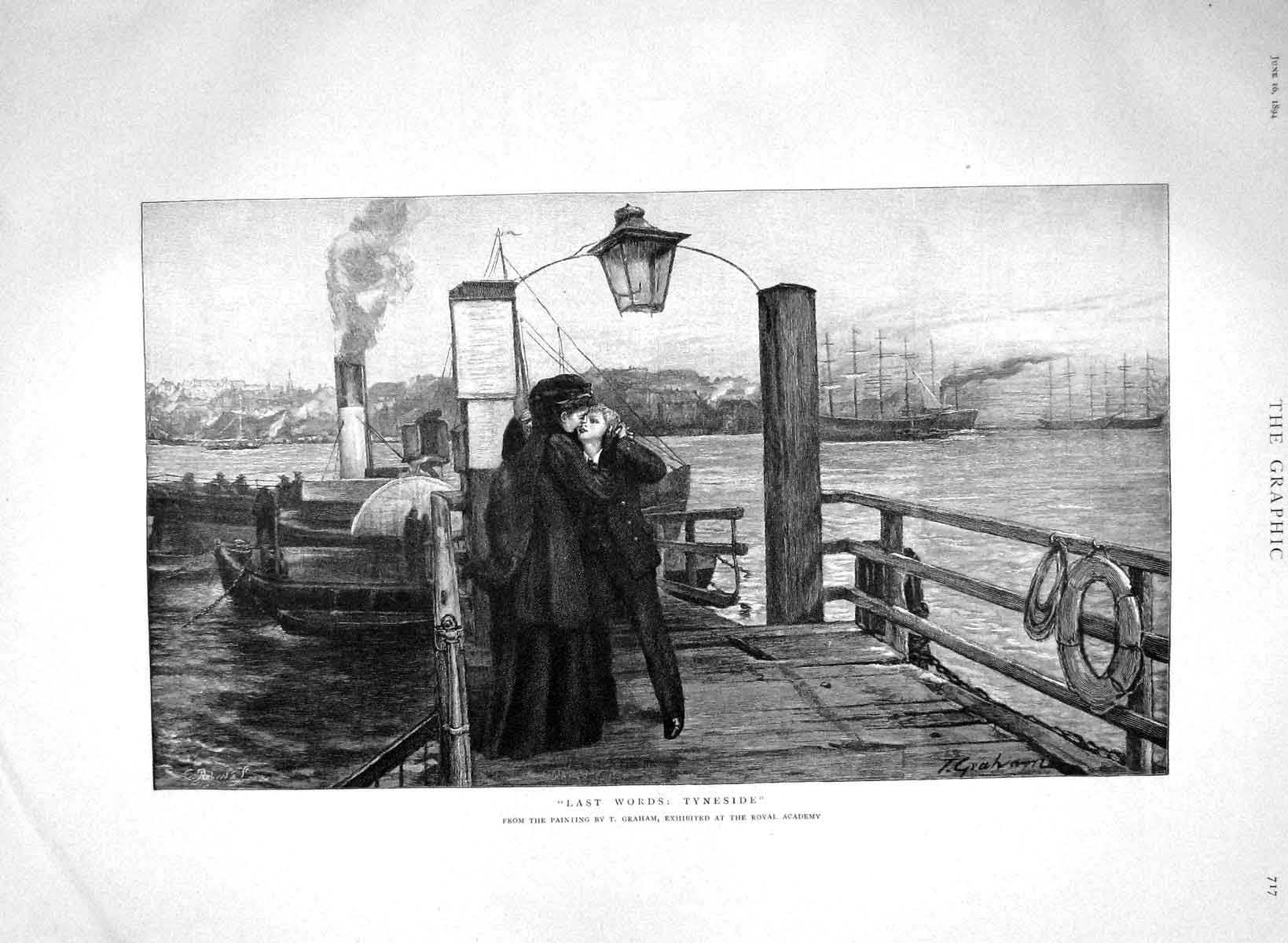 Original Old Antique Print 1894 Farewell Scene Tyneside River Boat Ships F 19th