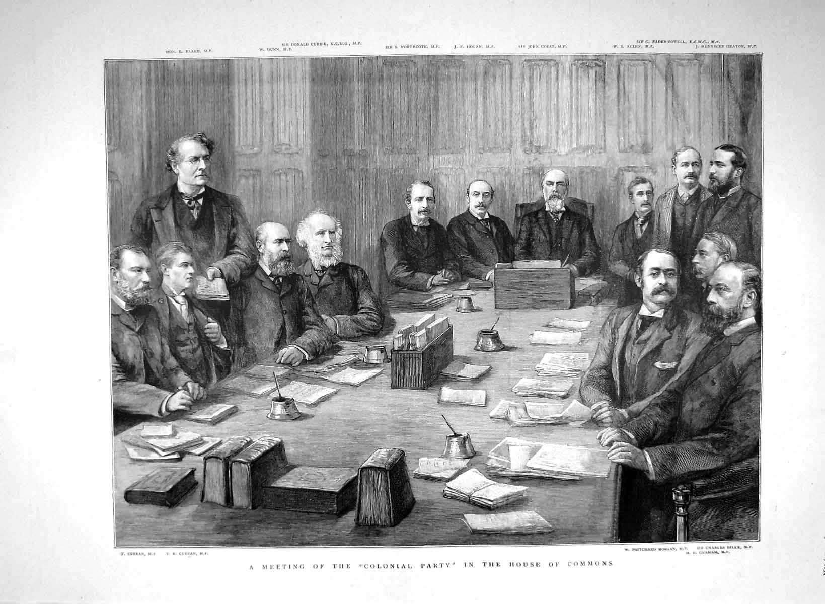 Original Old Antique Print 1894 Colonial Party House Commons Curran Morgan 19th