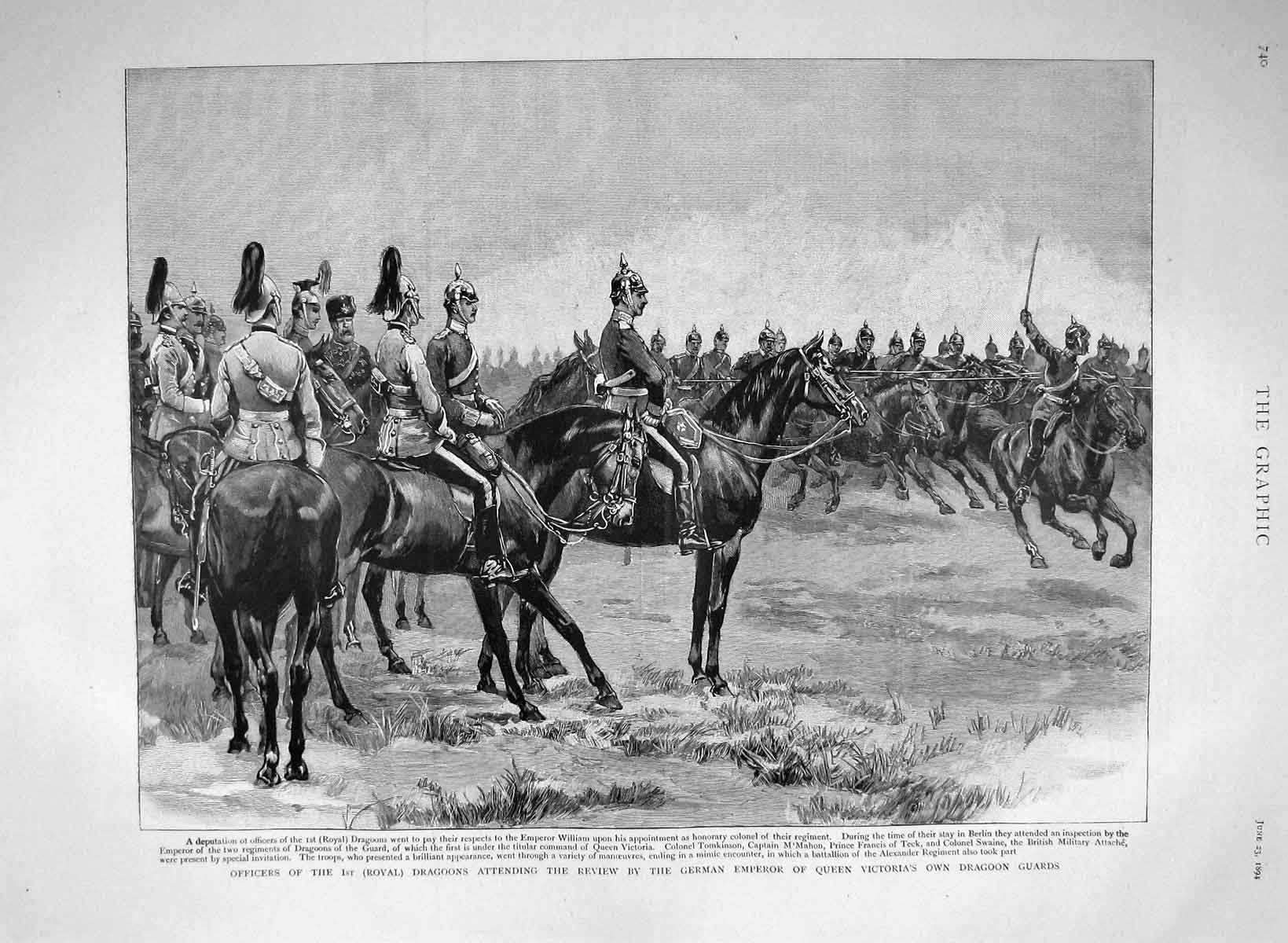 Original Old Antique Print 1894 Officers Royal Dragoons German Emperor Victoria