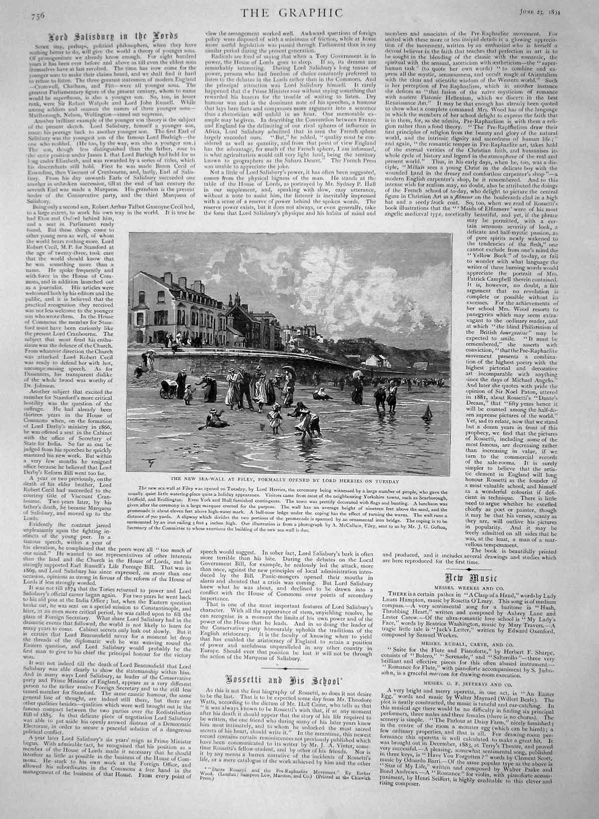 Old Antique Print 1894 Sea-Wall Filey Lord Herries Sea-Side Scene Beach 19th