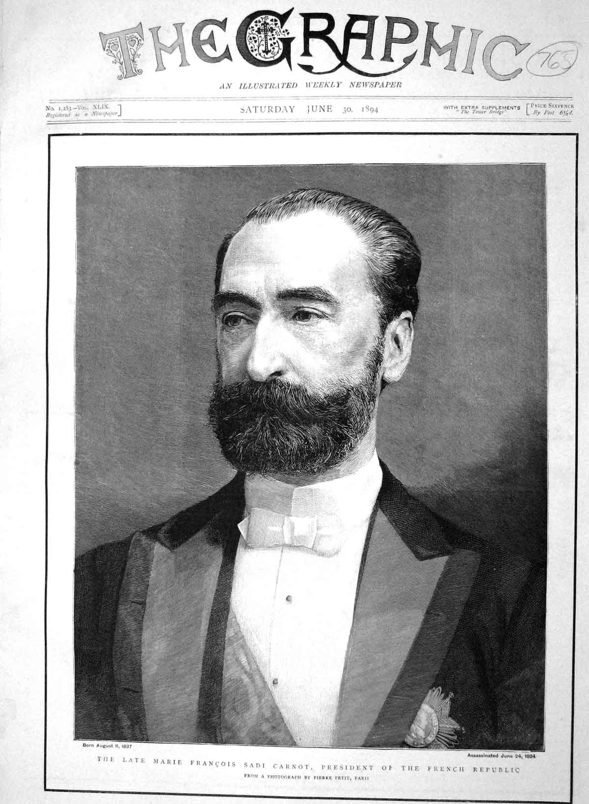 Original Old Antique Print 1894 Marie Francois Sadi Carnot President French