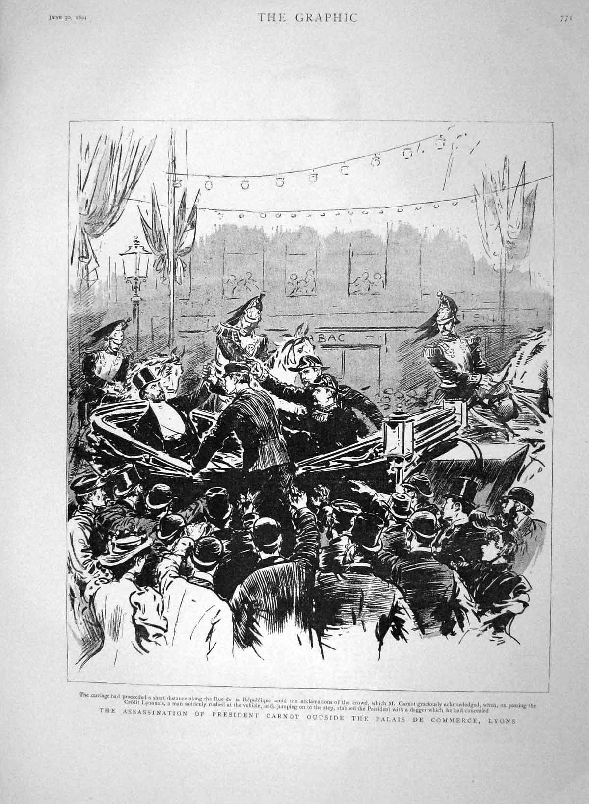 Original Old Antique Print 1894 Assassination President Carnot Palais C 19th