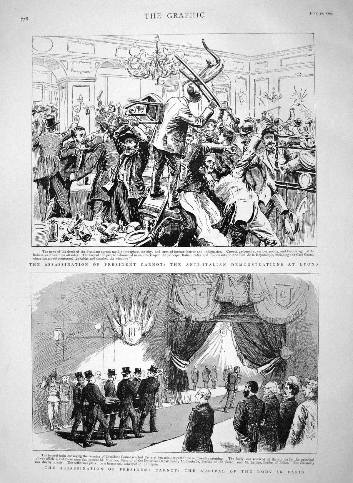 Original Old Antique Print 1894 Assassination President Carnot Lyons Funera 19th