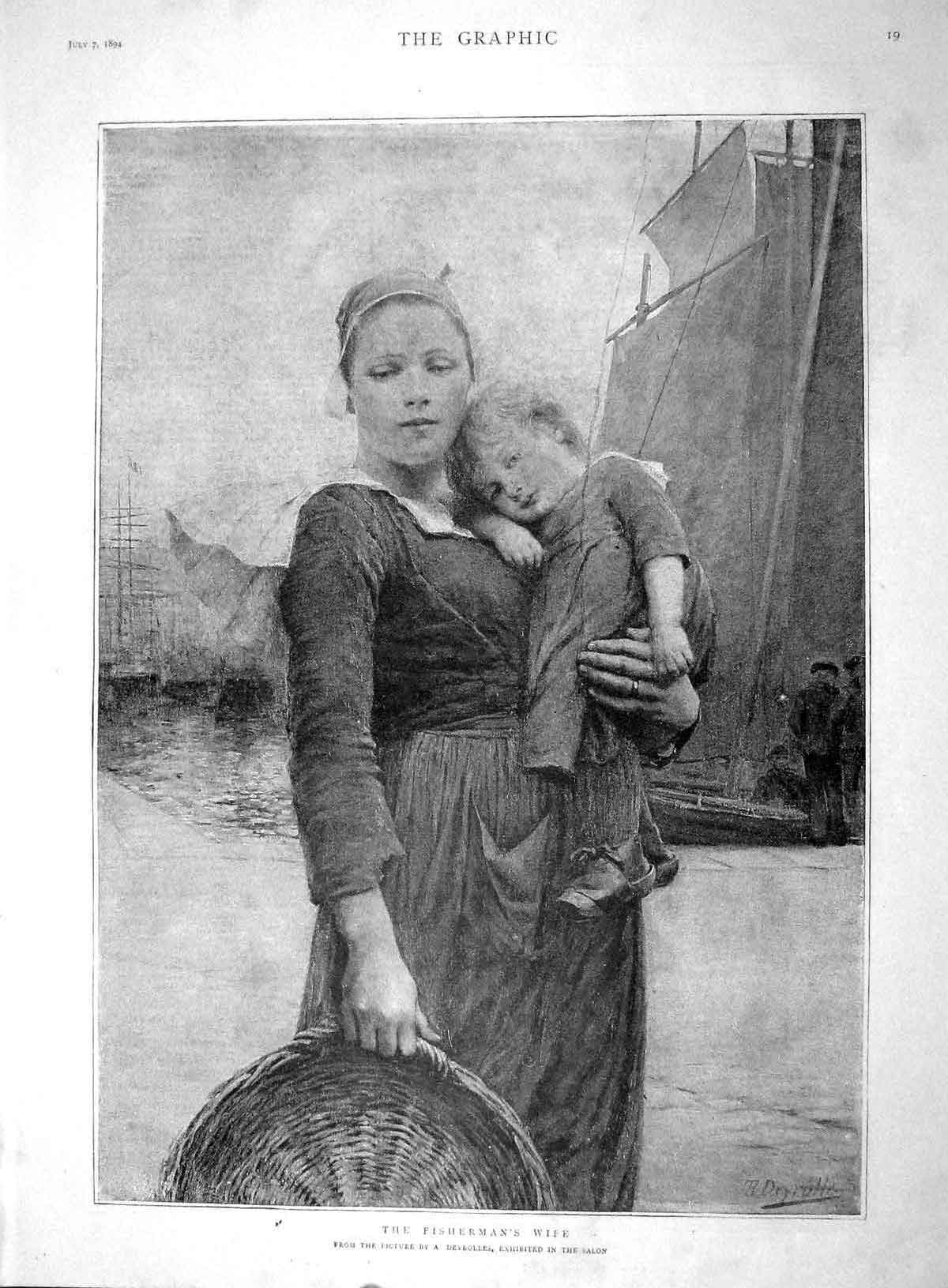 Old Antique Print 1894 Portrait Fisherman Wife Child Basket Fishing Boats 19th